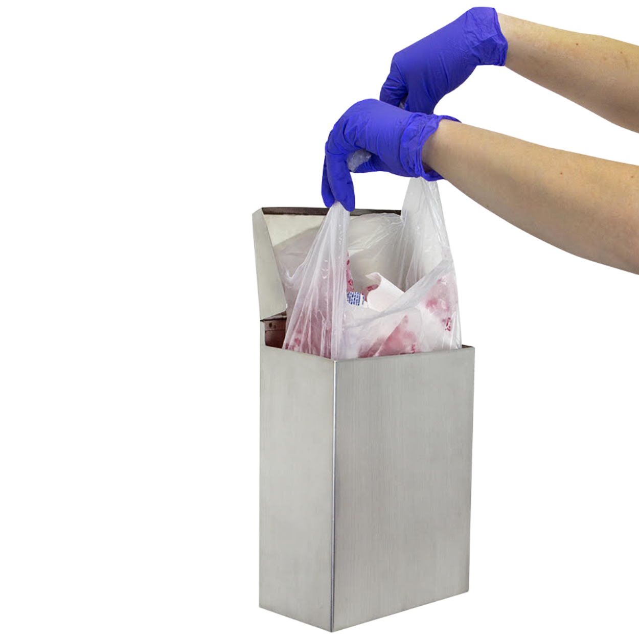 Gloved hands removing a restroom receptacle liner from a waste bin