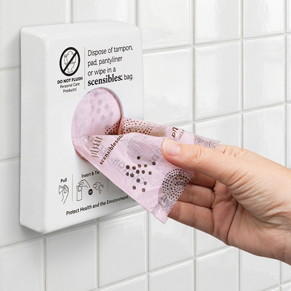 Hand taking a Scensibles disposal bag from a wall-mounted restroom dispenser