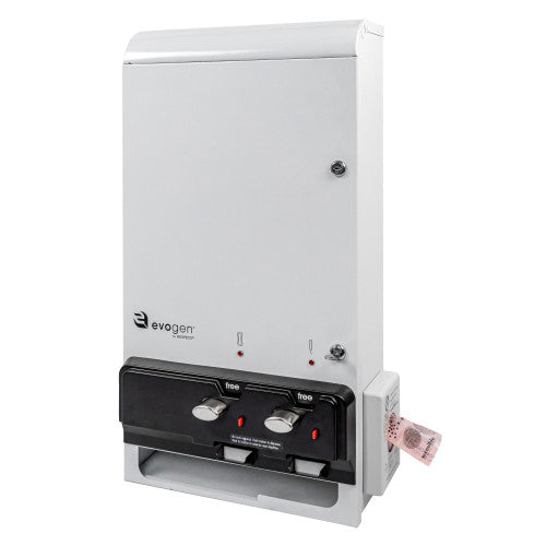 HOSPECO Evogen EV1-FREE menstrual product dispenser with a Scensibles personal disposal bag dispenser mounted on the side